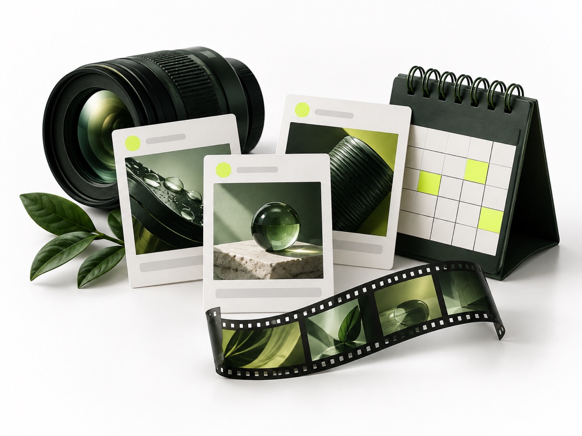 Concept illustration of social post layouts, a camera and a content calendar