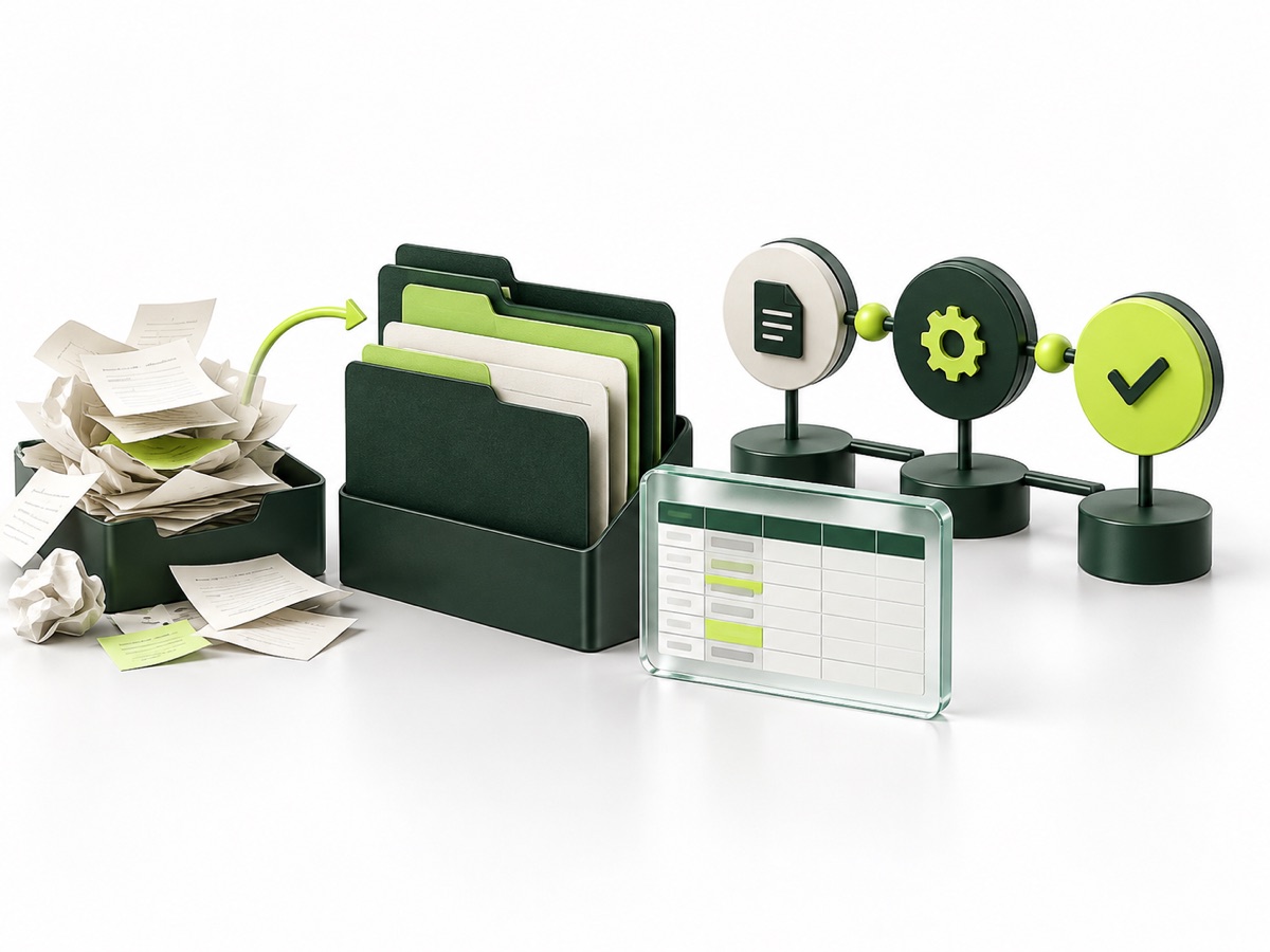Concept illustration of organised documents, a spreadsheet and connected workflow stages